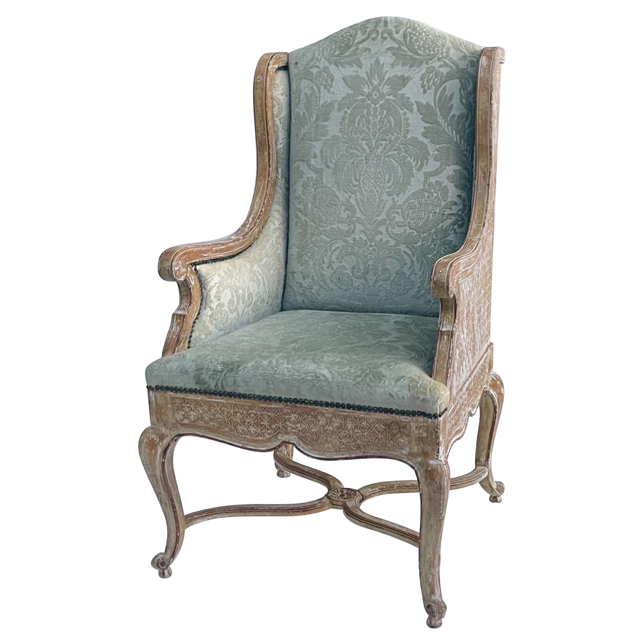 Mid-Century Cerused Wingback Chair with Celadon Cut Velvet For Sale