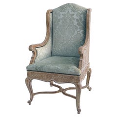 Retro Mid-Century Cerused Wingback Chair with Celadon Cut Velvet