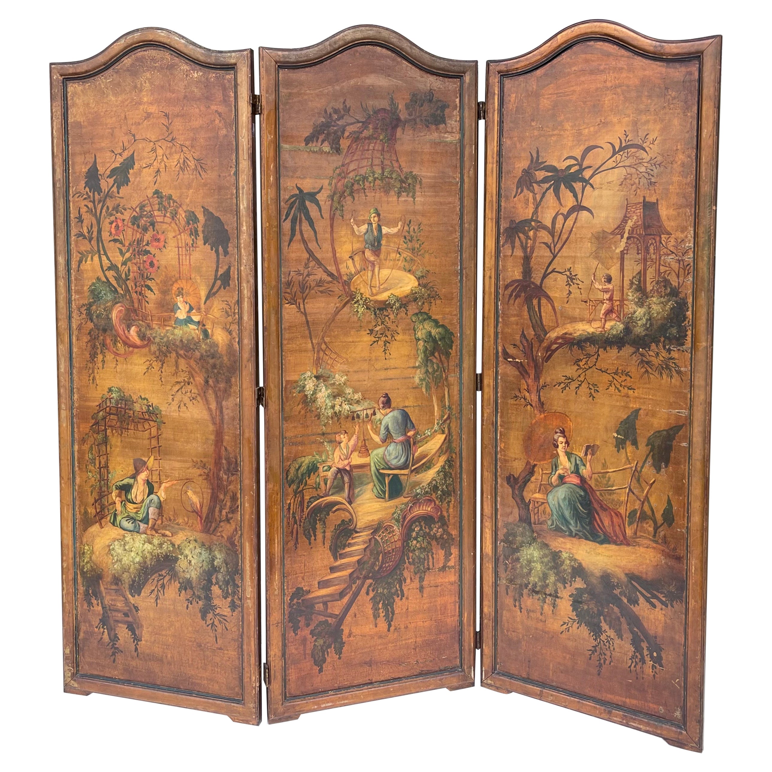 Early 20th-C. Hand Painted French Chinoiserie Oil On Canvas Screen - 3 Panels  For Sale