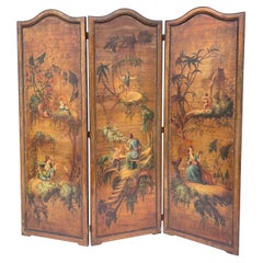 Début du 20e siècle. Écran à l'huile sur toile de style chinoiserie française peint à la main - 3 panneaux 