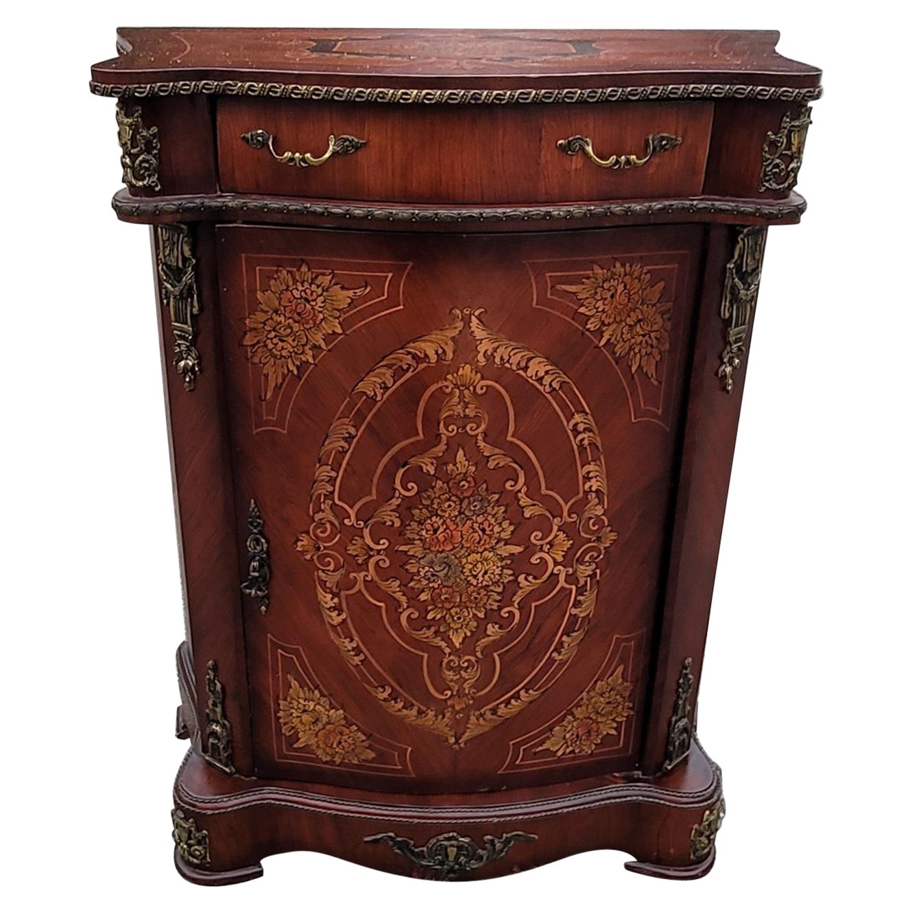 French Continental Mahogany Marquetry and Metal Decorated Side Console Cabinet