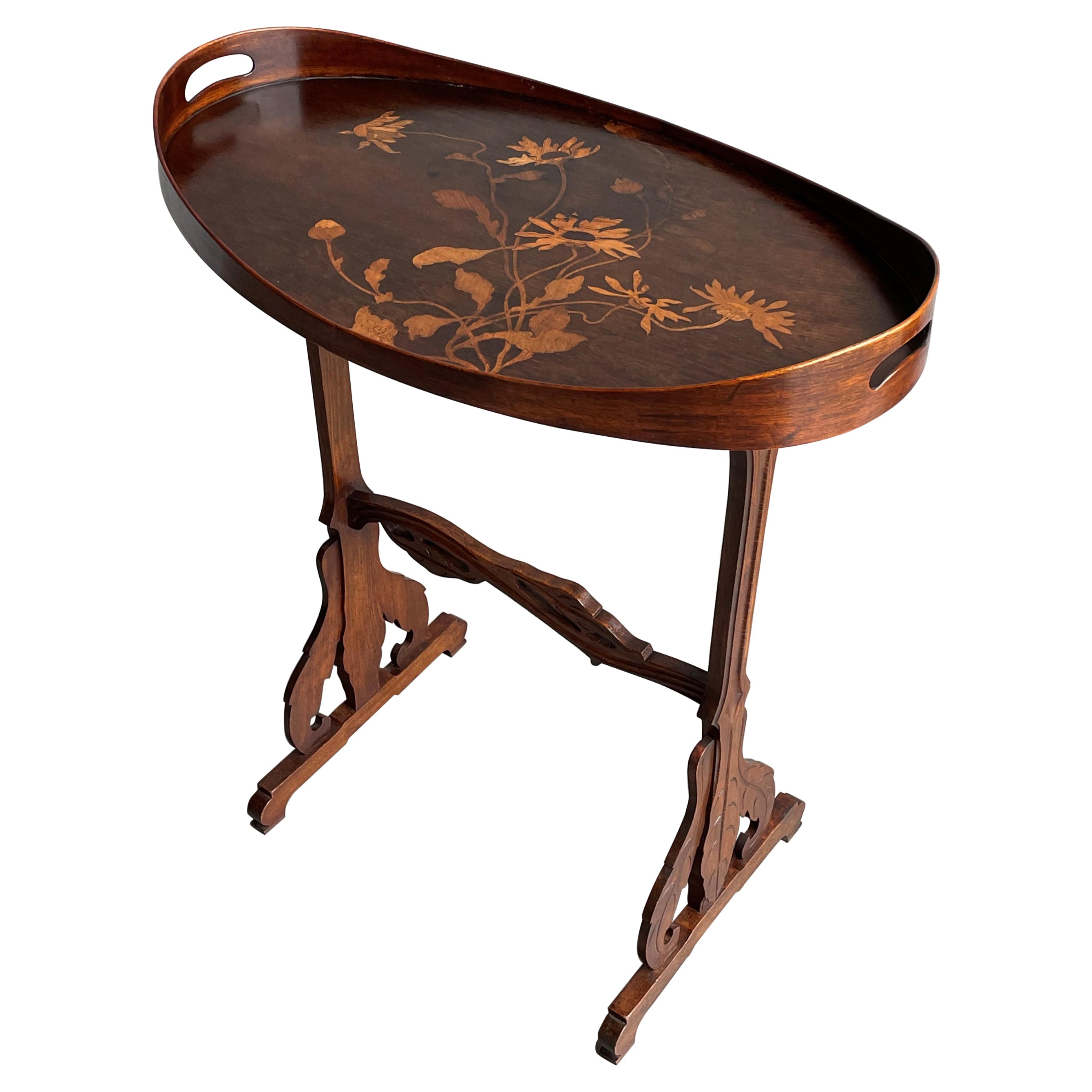Emile Gallé Art Nouveau Tray Stand / Serving Table with Inlaid Flowers 1895-1903 For Sale
