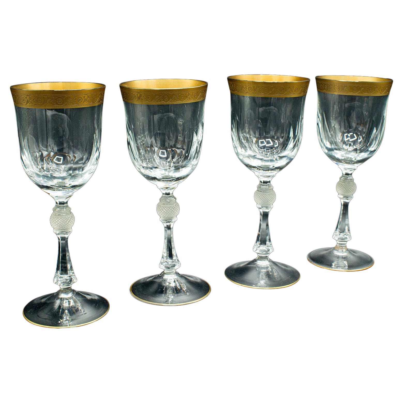Set of 4 Antique Wine Glasses, French, Gilt, Decorative, Stem Glass, Art Deco For Sale