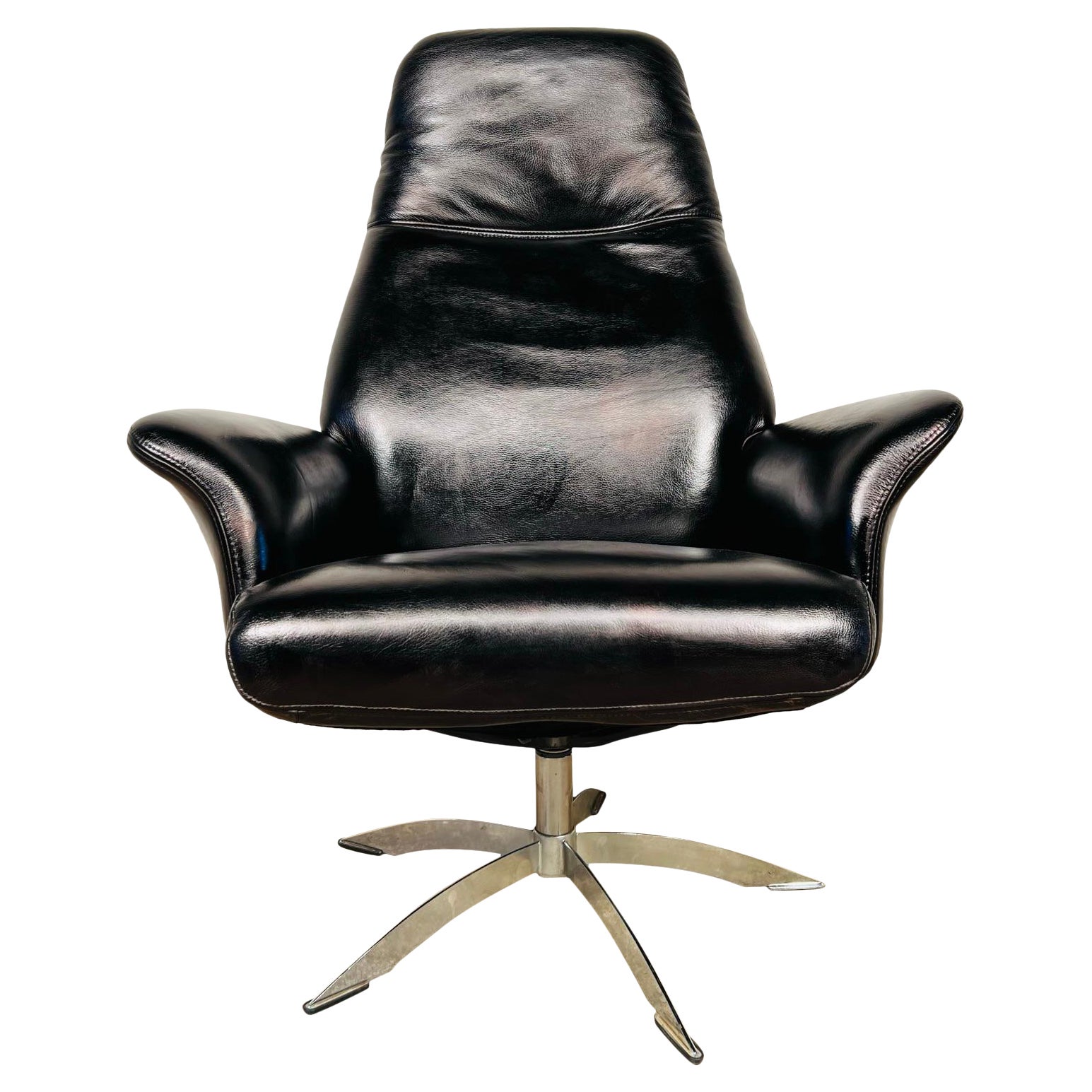 Vintage Danish Swivel Black Leather Desk Chair By Hjort Knudsen #589