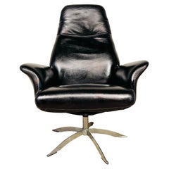 Vintage Danish Swivel Black Leather Desk Chair By Hjort Knudsen #589