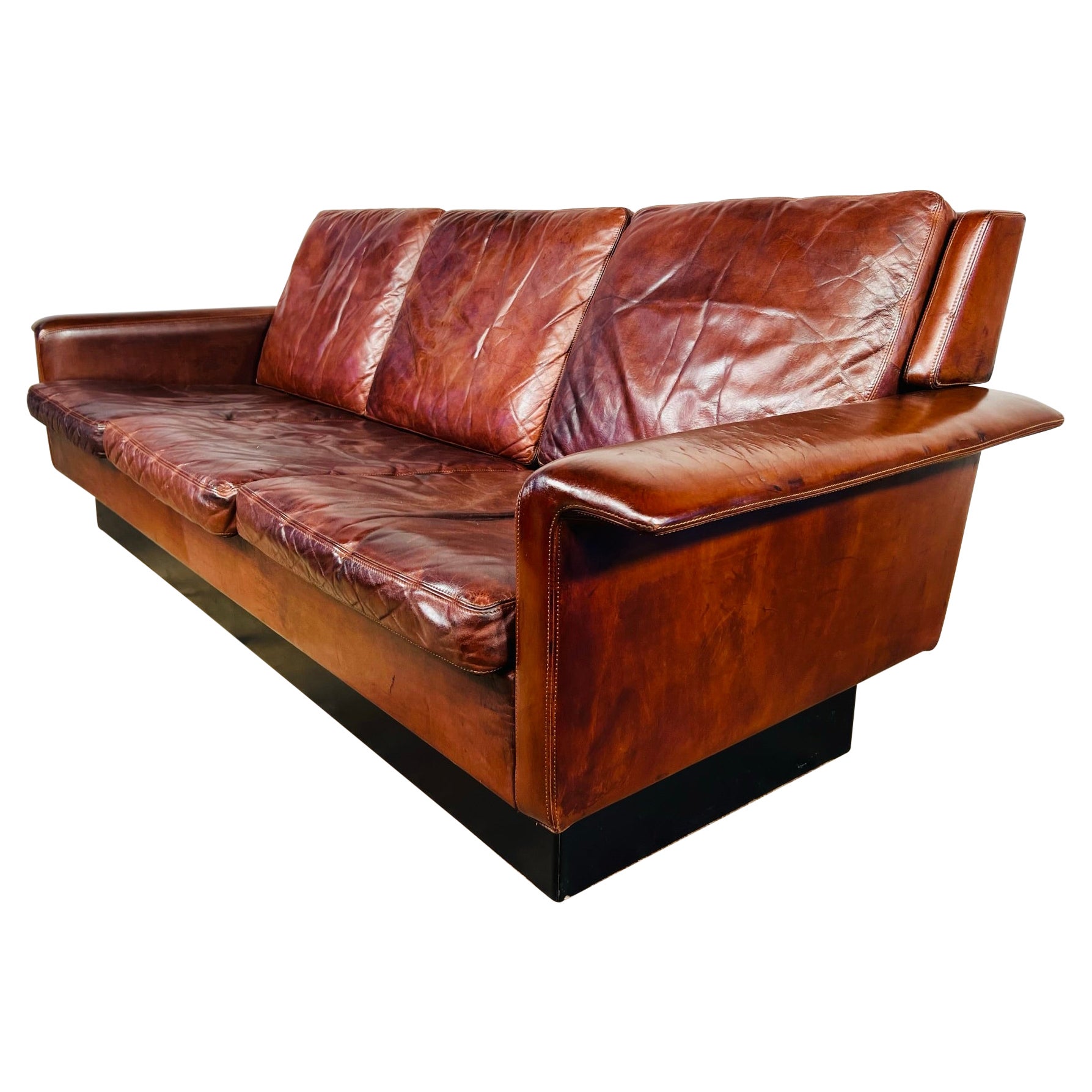 Vintage 1970 Arne Vodder Brown 3 Seater Leather Sofa For Fritz Hansen #533 For Sale