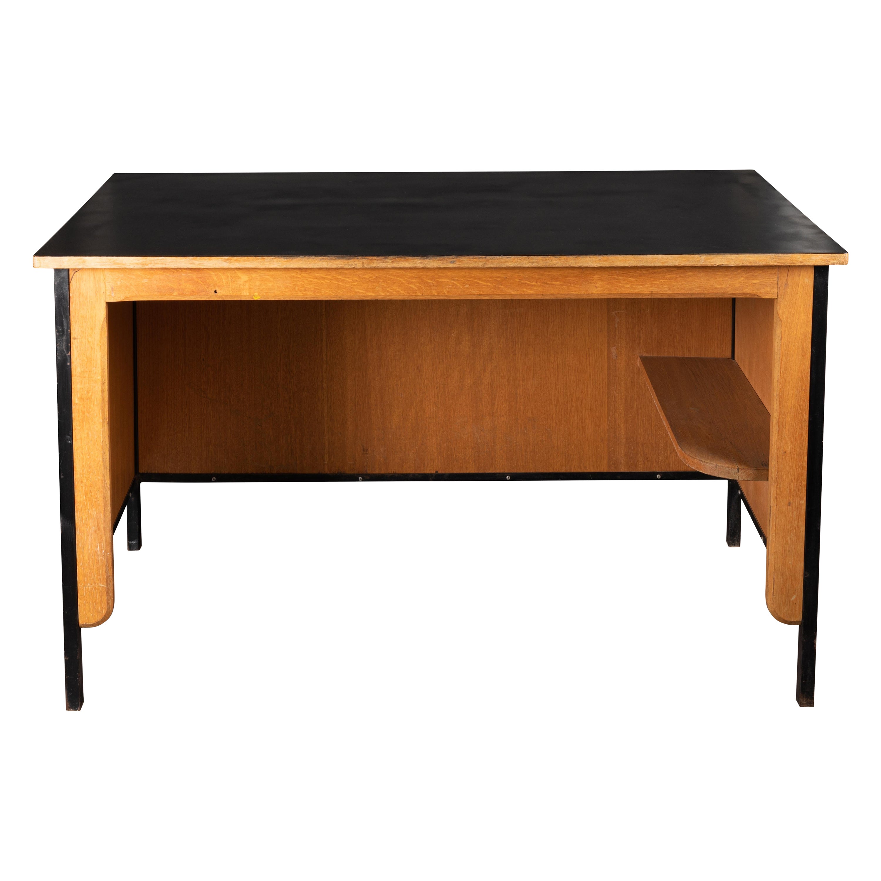 Jean Prouvé, Bureau "Surveillant" Bois Métal Laqué Et Plateau Formica Noir 50's For Sale