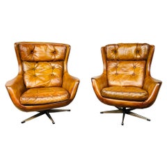 Stunning Pair of Danish Swivel Armchairs Tan Mid Century 1970s Vintage #657