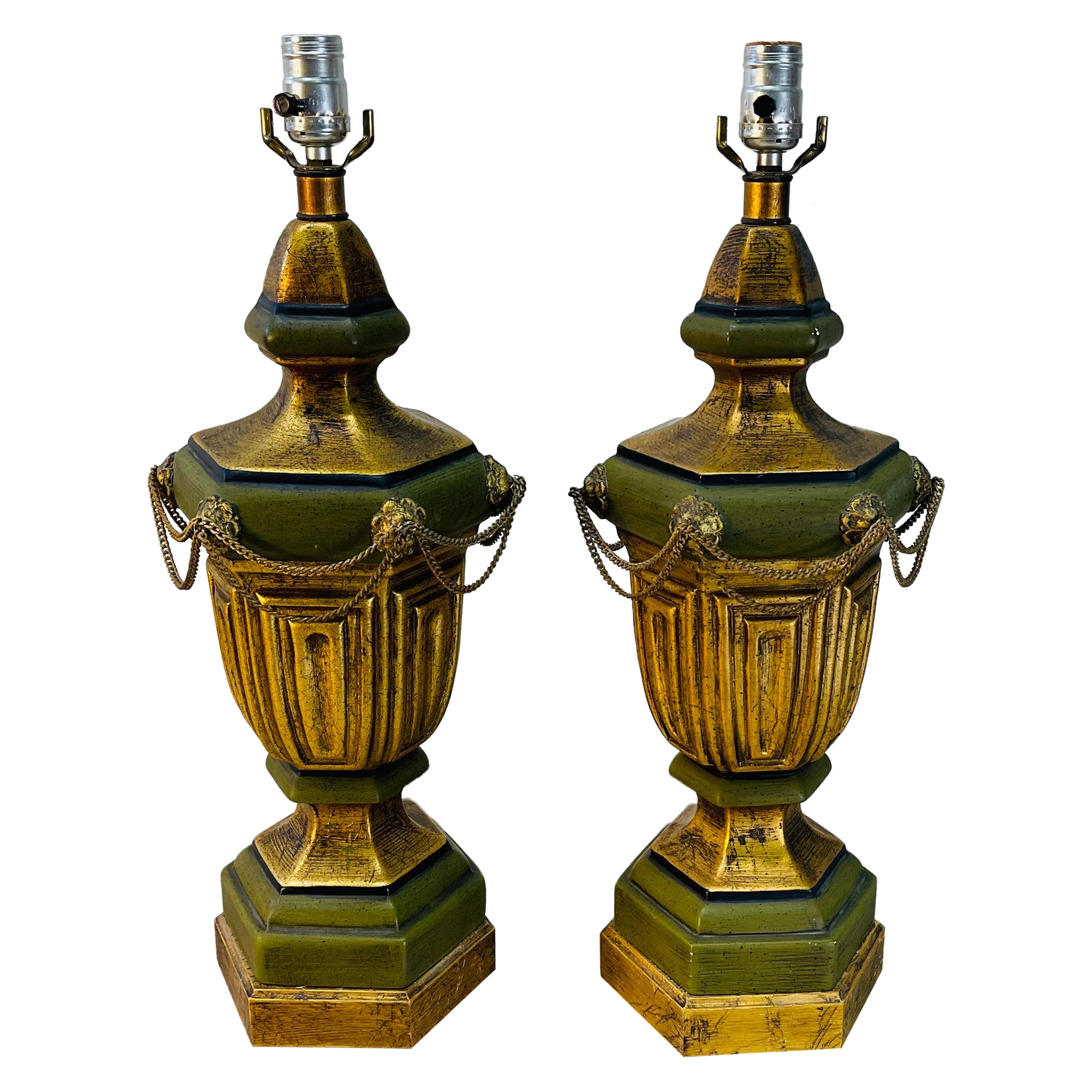 1960s Green & Gold Urn Style Lamps, Pair For Sale