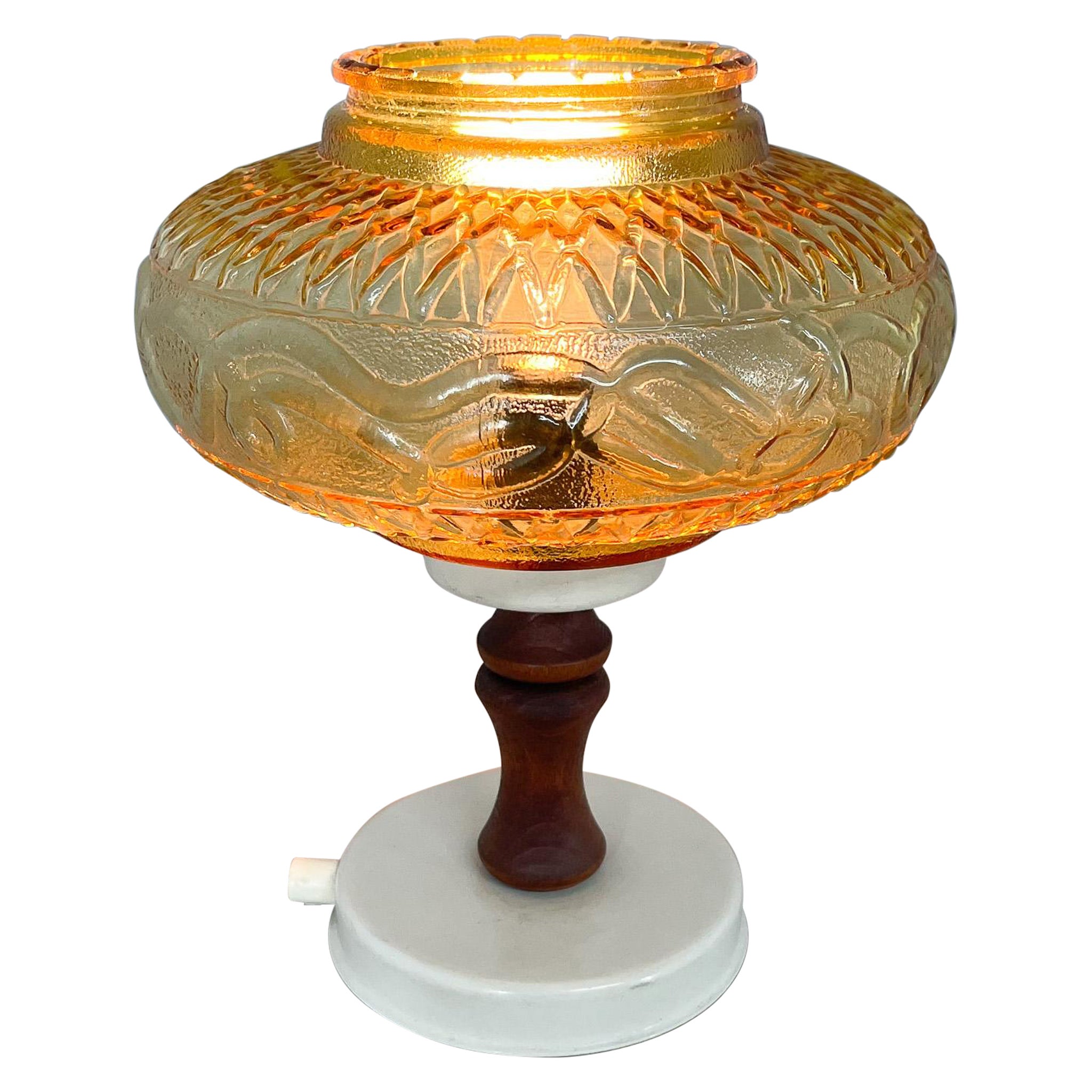 Mid-Century Glass & Wood Table Lamp, Czechoslovakia For Sale