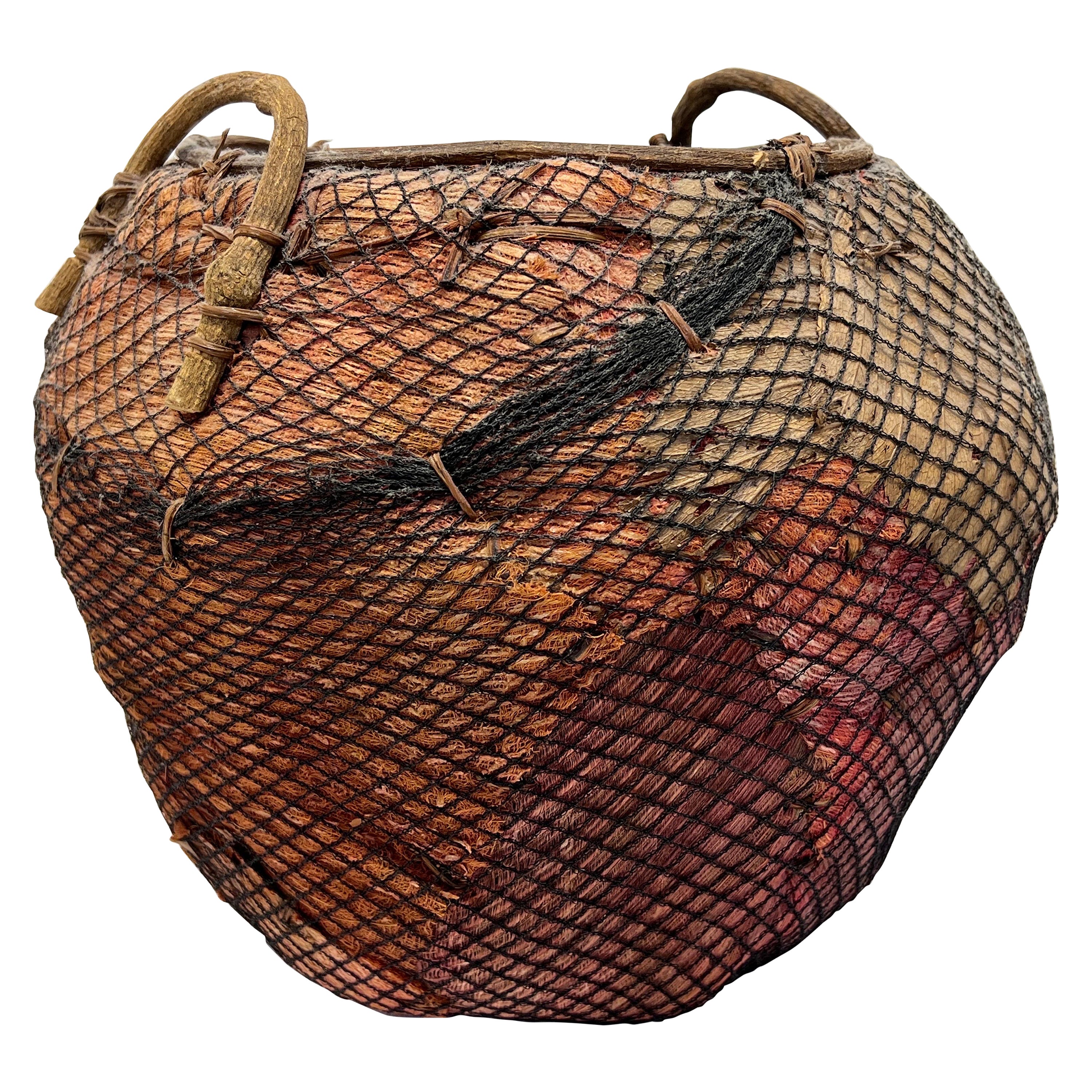Handmade Natural Fiber and Leaf Basket Wrapped in Fish Net, 1970s For Sale