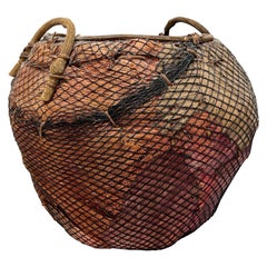 Retro Handmade Natural Fiber and Leaf Basket Wrapped in Fish Net, 1970s
