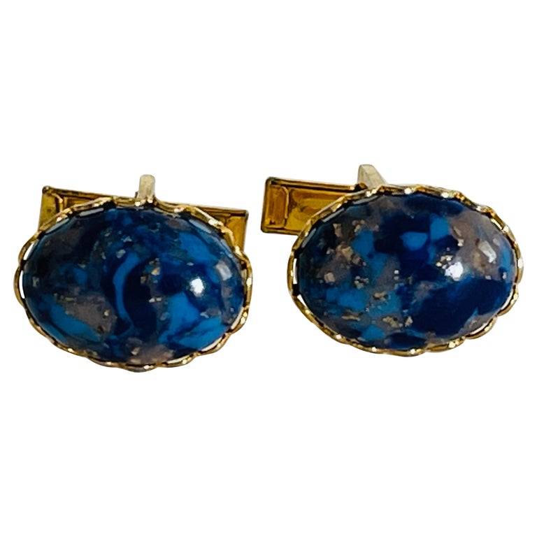 Vintage 1960s Men's Oval Blue and Gilt Stone Cufflinks, Pair For Sale