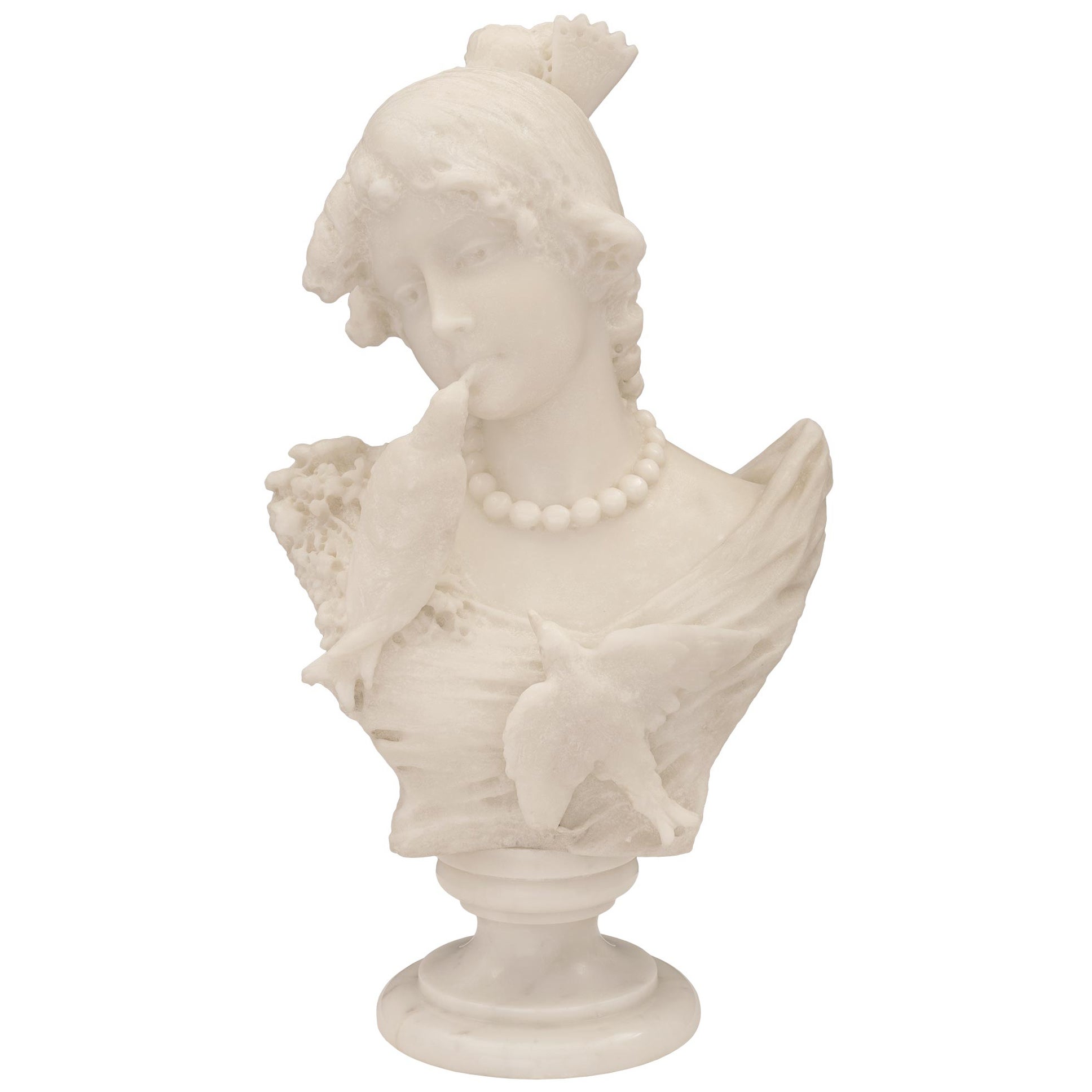 Italian 19th Century White Carrara Marble Bust of Young Girl with Birds