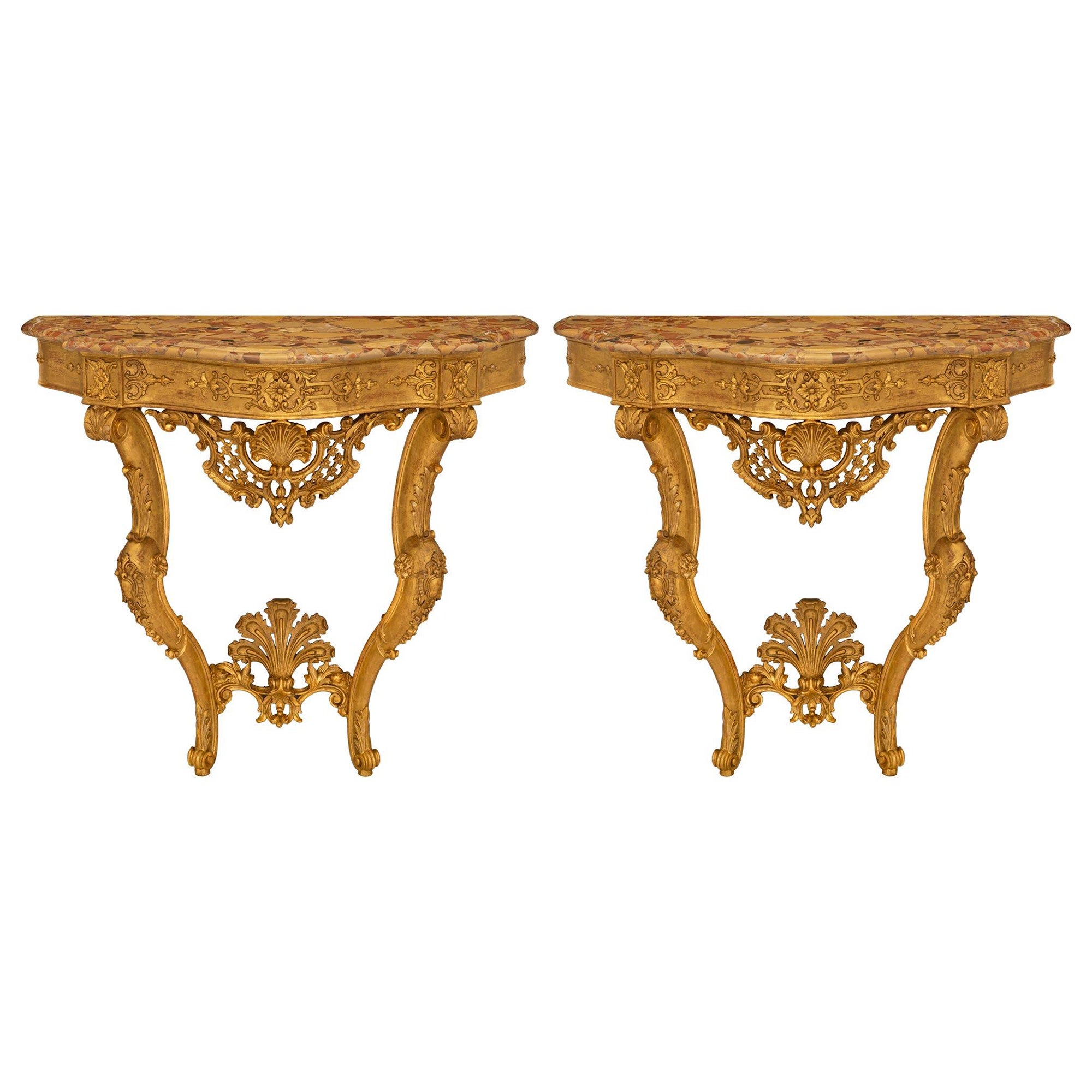 Paar italienische Konsolen aus vergoldetem venezianischem Holz und Marmor aus dem 19. Jahrhundert