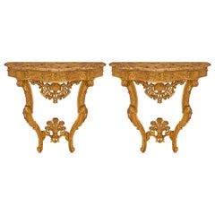 Paar italienische Konsolen aus vergoldetem venezianischem Holz und Marmor aus dem 19. Jahrhundert