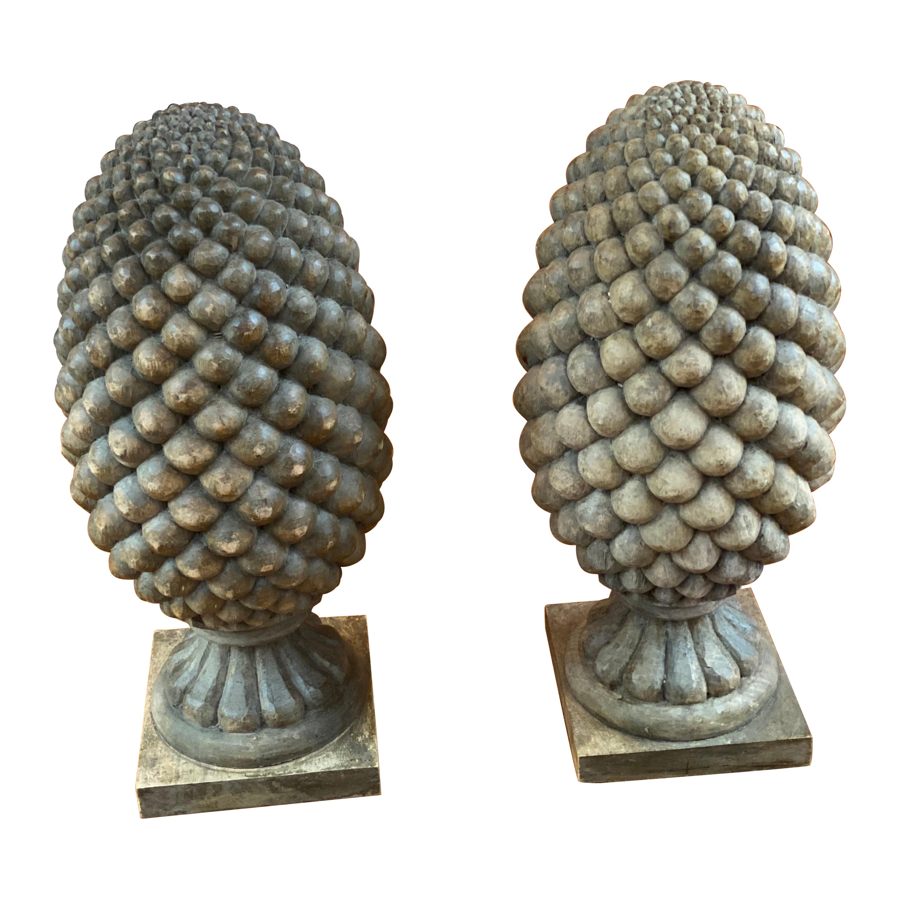 Pair of Large Solid Carved Wood Pinecone Finials