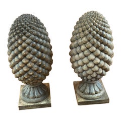 Vintage Pair of Large Solid Carved Wood Pinecone Finials