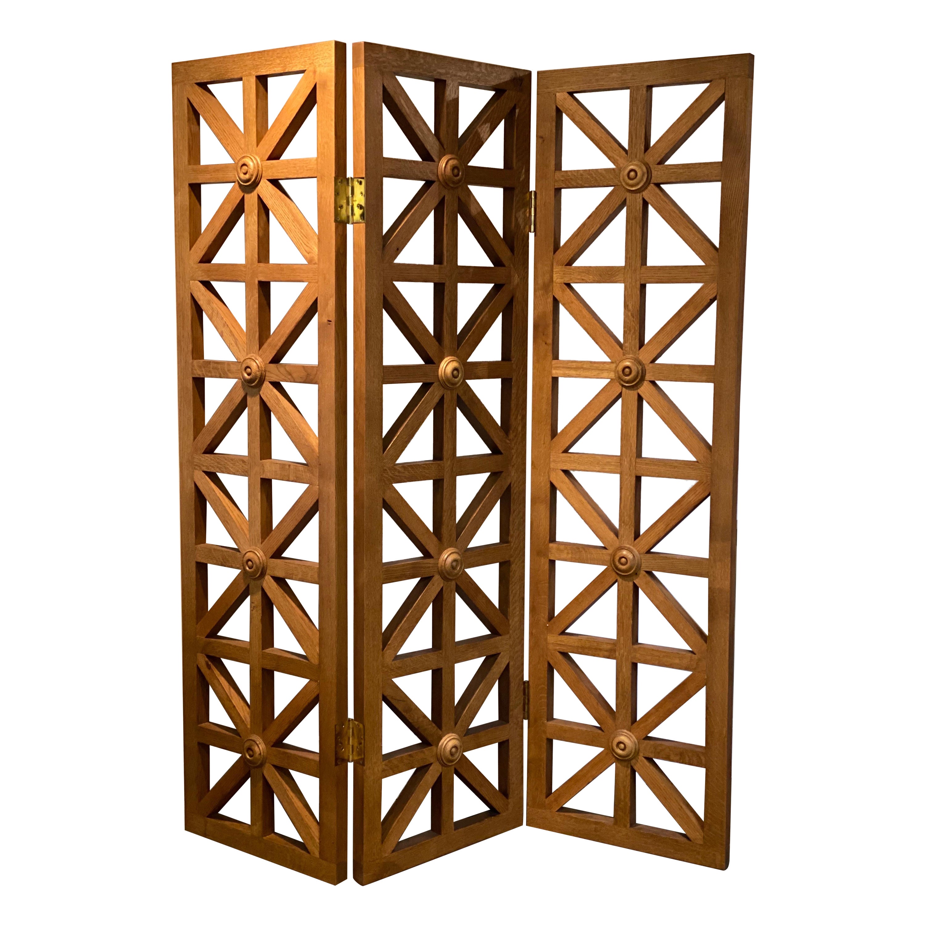 Pair of Modern Architectural Oak Three Panel Folding Screen / Dividers For Sale