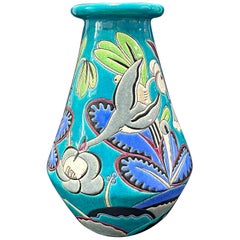  Oiseaux exotiques dans un dcor tropical , vase Art Dco en turquoise, bleu et gris