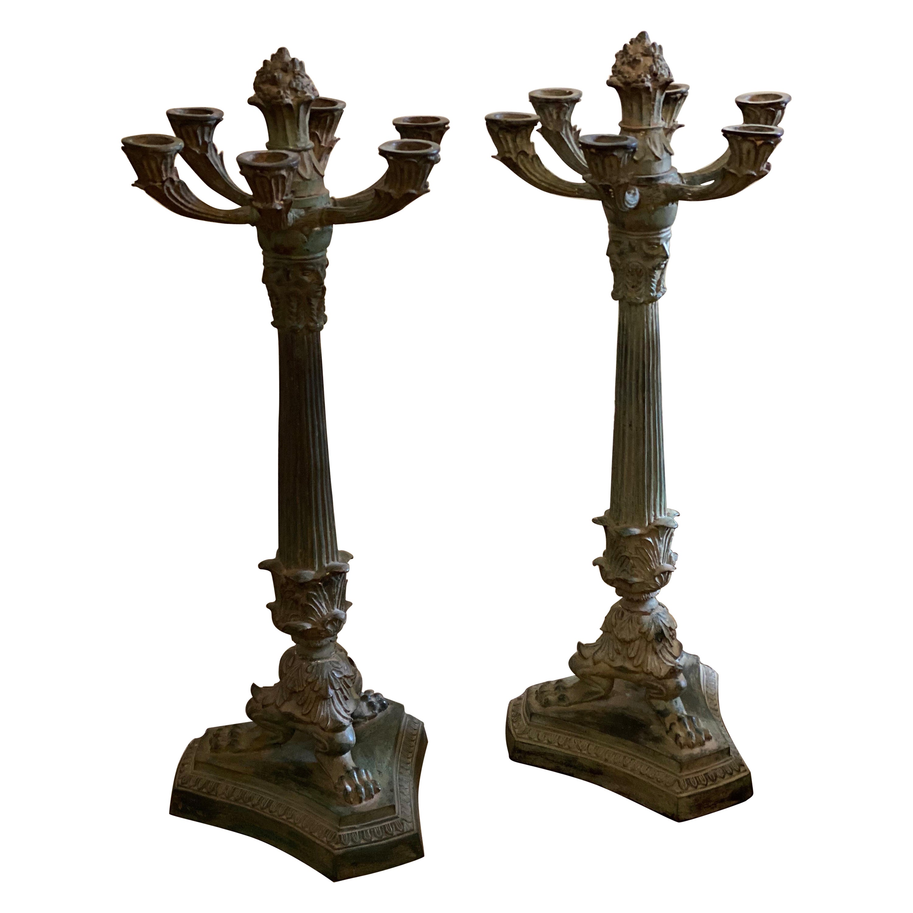 Pair of 6 Arm French Empire Neoclassical Style Iron Verdigris Table Candelabras For Sale