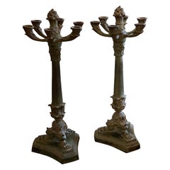Pair of 6 Arm French Empire Neoclassical Style Iron Verdigris Table Candelabras