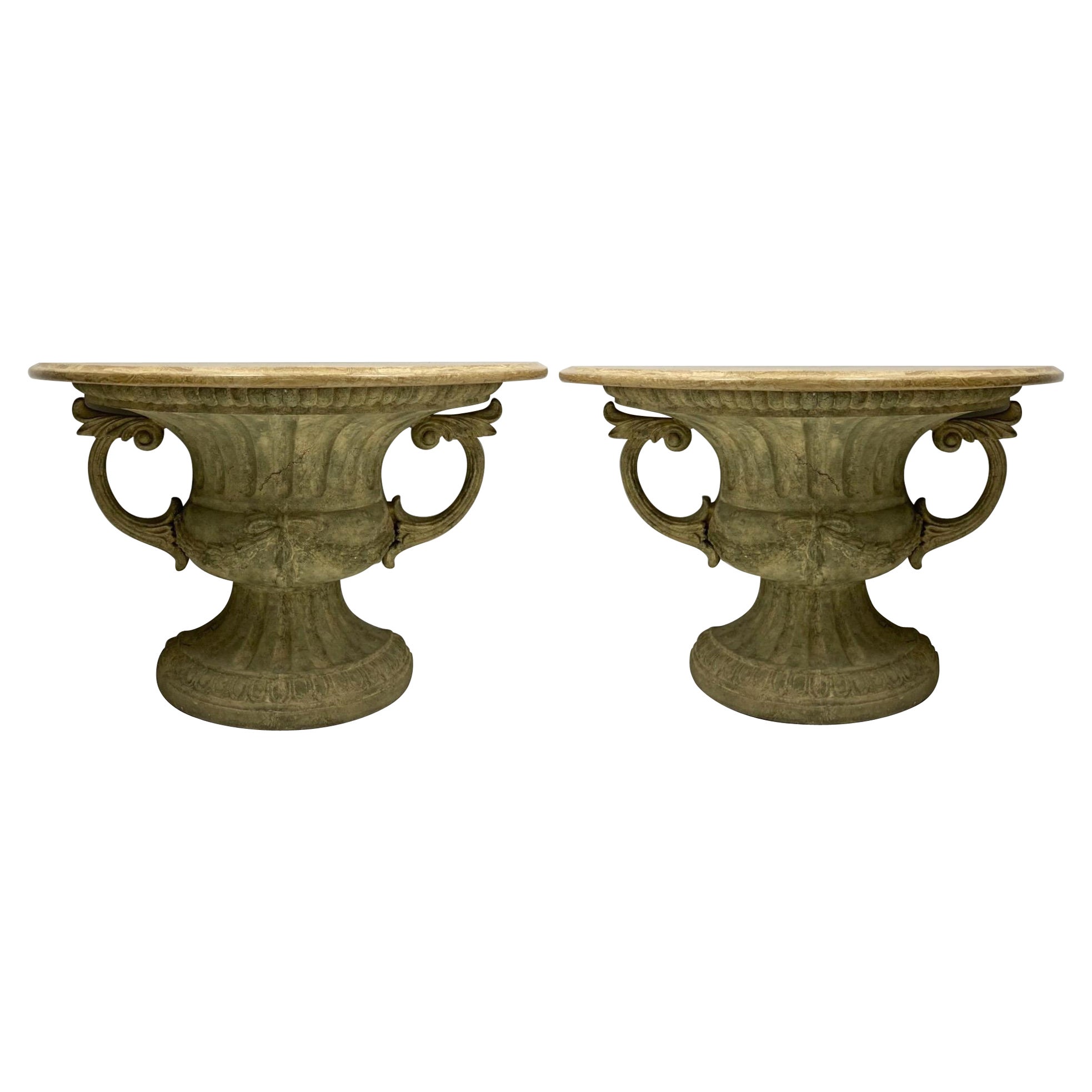 20th-C. Neoclassical Style Urn Form Console Tables With Marble Tops, Pair