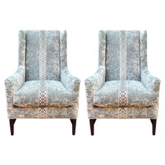 Vintage Modern Grey Crushed Velvet Wingbacks Chairs by Massoud, Pair