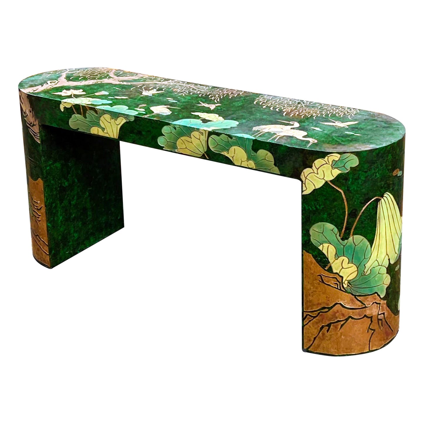 1970s Asian Modern Painted Console Table with Lotus Blossoms and Cranes