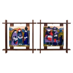 Vintage Judith Daner Enamel Artwork Wall Panel the Mexicans, a pair