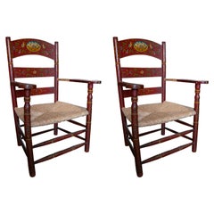 Spanish Pair of Hand Painted Wooden Armchairs with Bulrush Seats