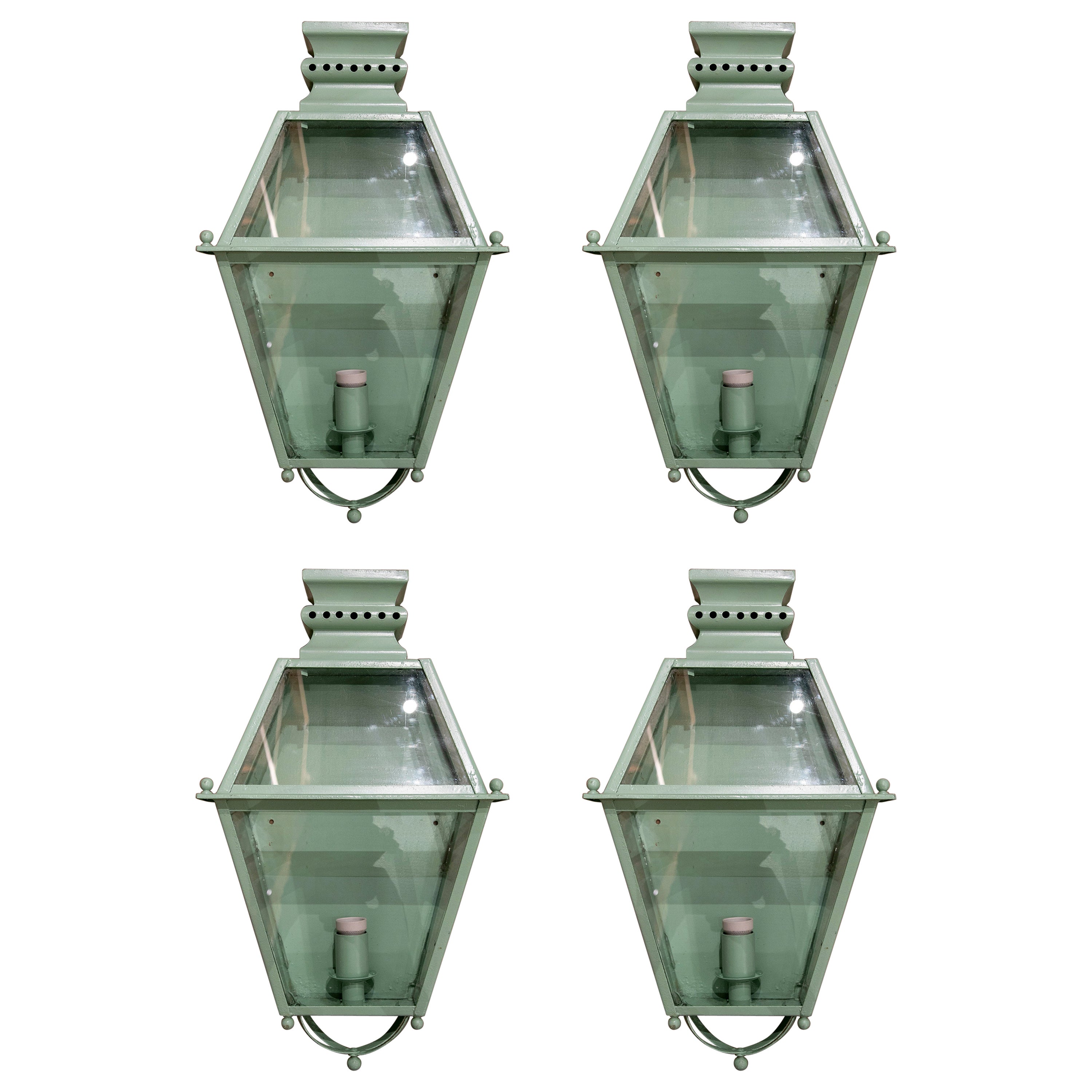 1970s Set of Four Green Painted Iron Wall Lanterns