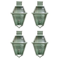 1970s Set of Four Green Painted Iron Wall Lanterns