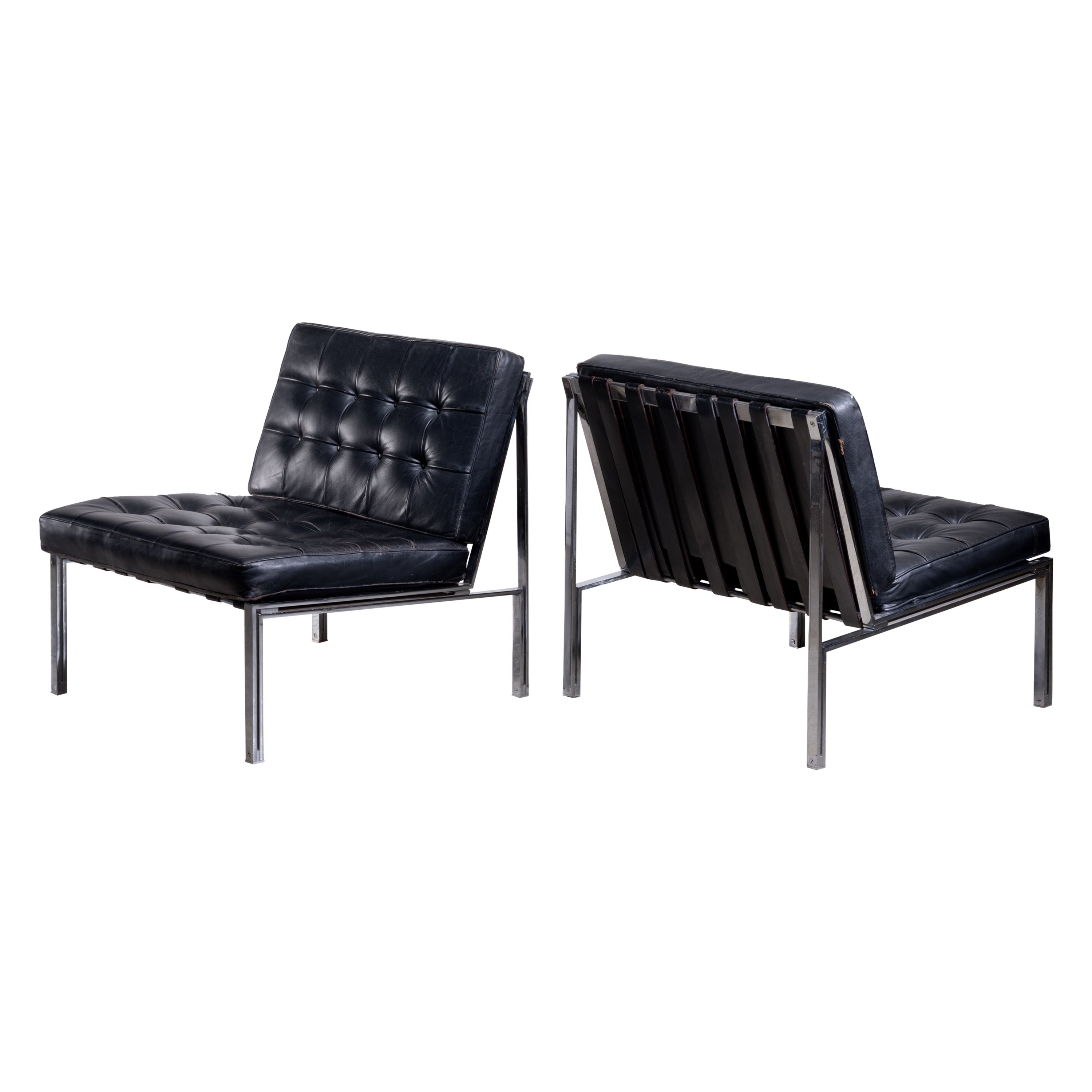 Pair of Kurt Thut side chairs with black leather tufted cushions For Sale