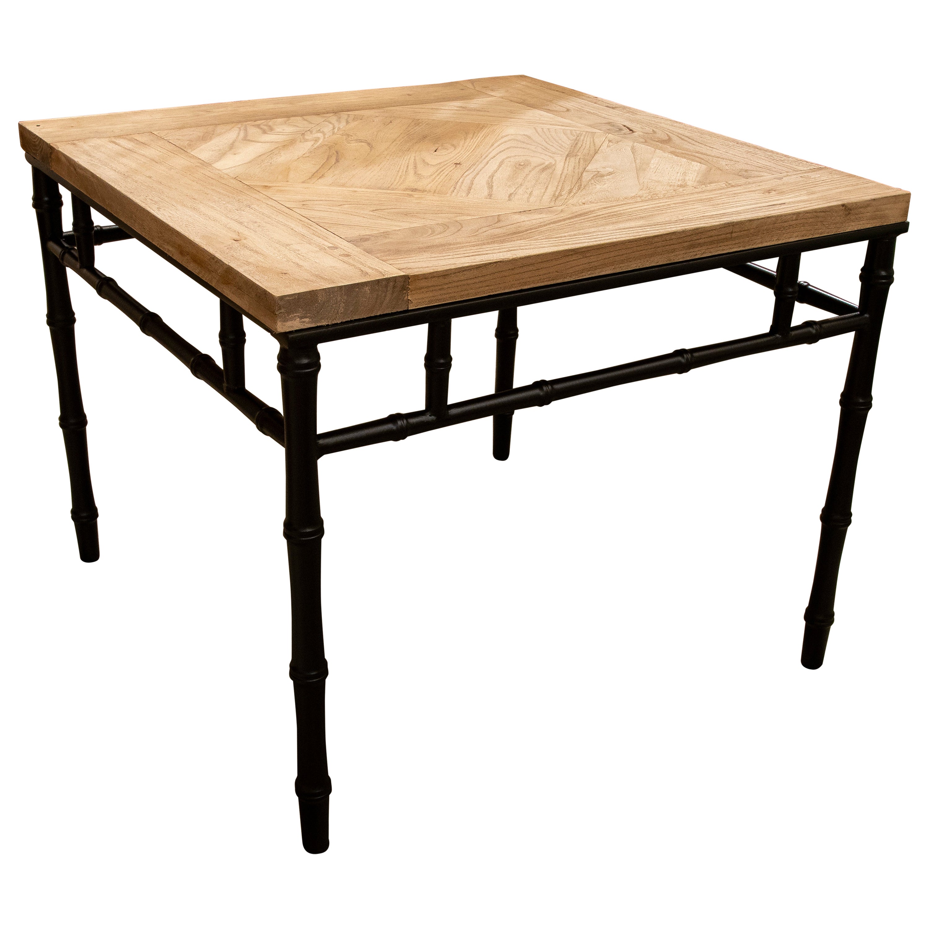 Spanish Coffee Table with Iron Base Imitating Bamboo and Antique Elm Tabletop For Sale
