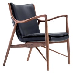 Finn Juhl 45 Chair, Wood and Black Leather