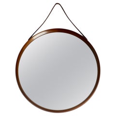 Round Teak Mirror with Leather Straps by Uno and Östen Kristiansson for Luxus