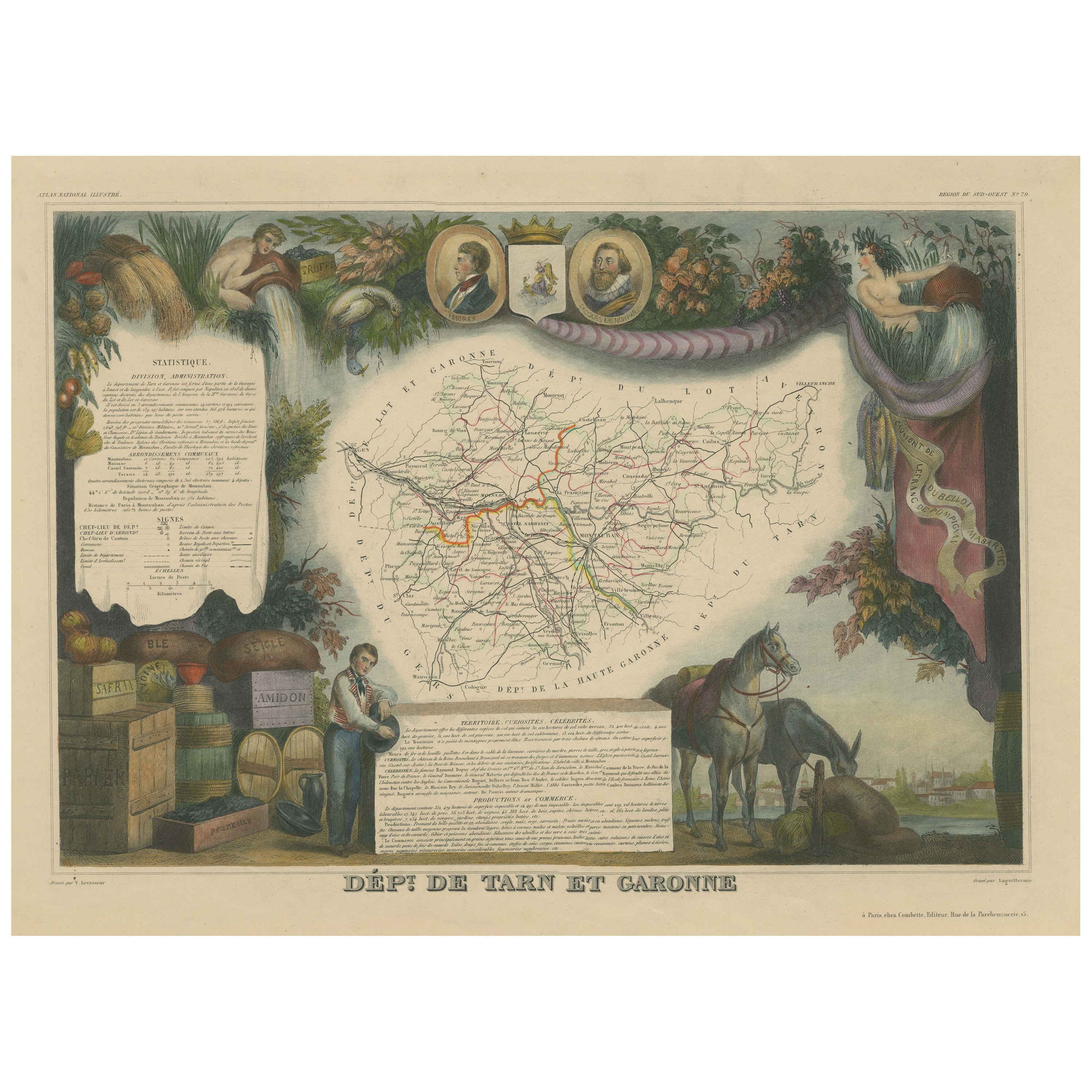Hand Colored Antique Map of the Department of Tarn Et Garonne, France For Sale