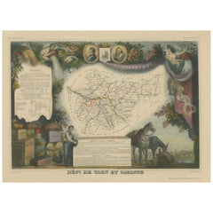 Mapa Antiguo Coloreado a Mano del Departamento de Tarn Et Garonne, Francia