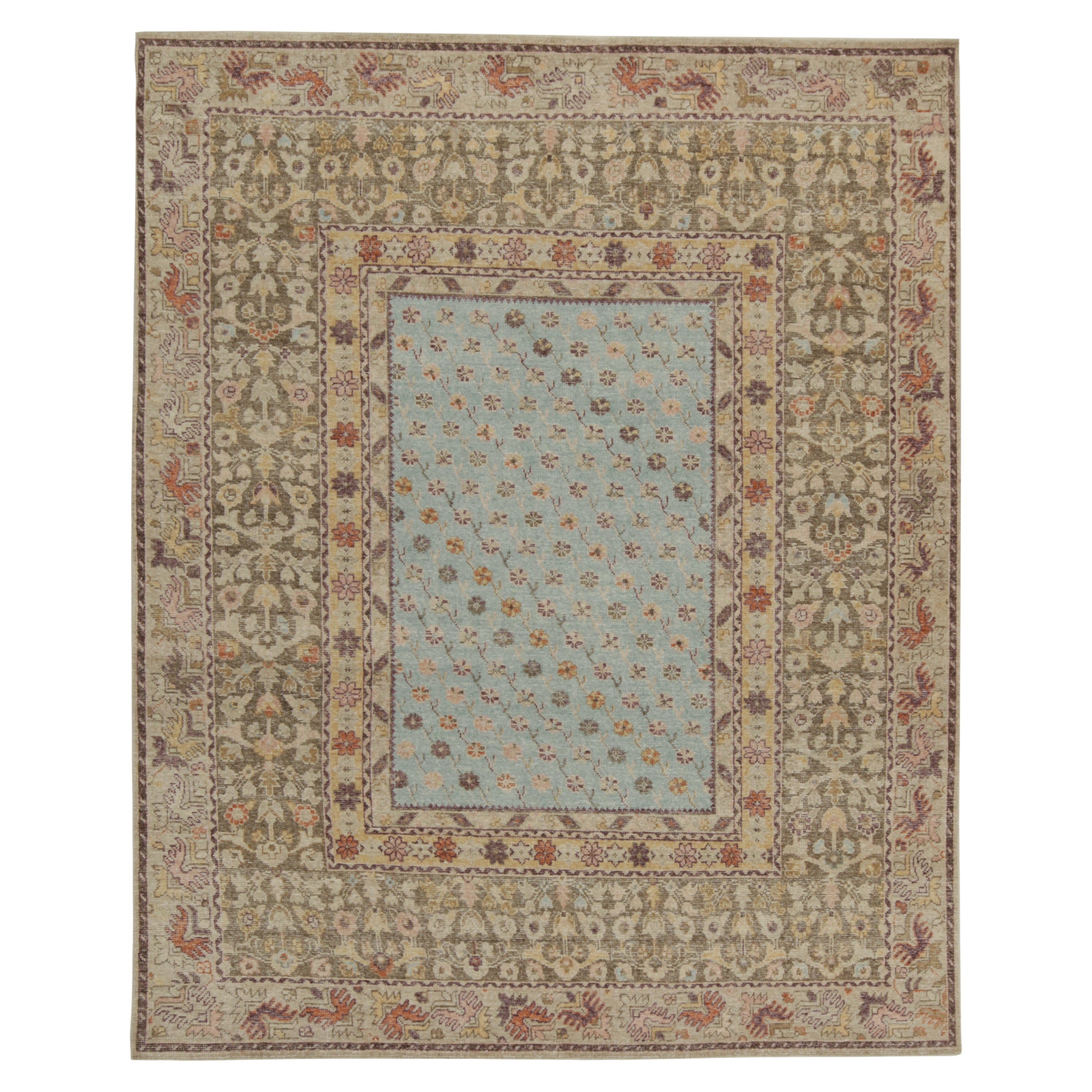 Rug & Kilim’s Distressed Style Rug in Blue and Green with Floral Patterns For Sale