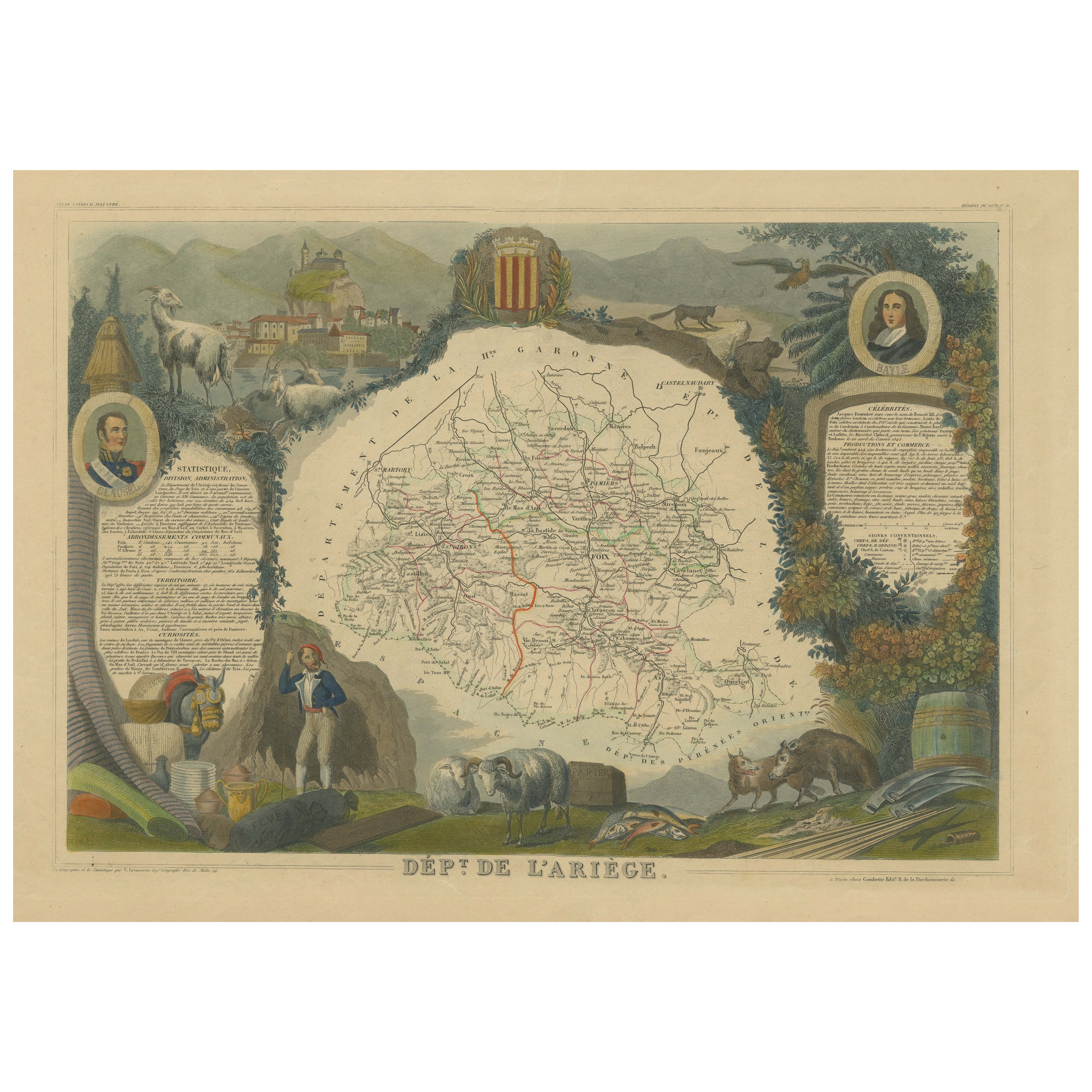 Hand Colored Antique Map of the Department of Ariège, France For Sale