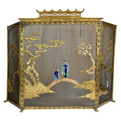 Antique French Chinoiserie Gold Bronze Three Panel Fire Screen, Circa 1890
