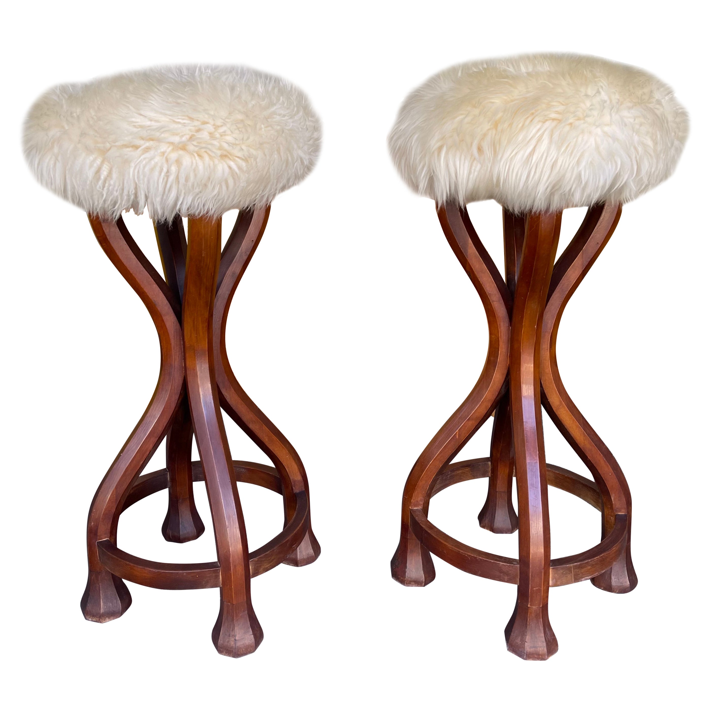 Pair of Wood and Sheepskin Bar Stools. Italy, 1970s For Sale