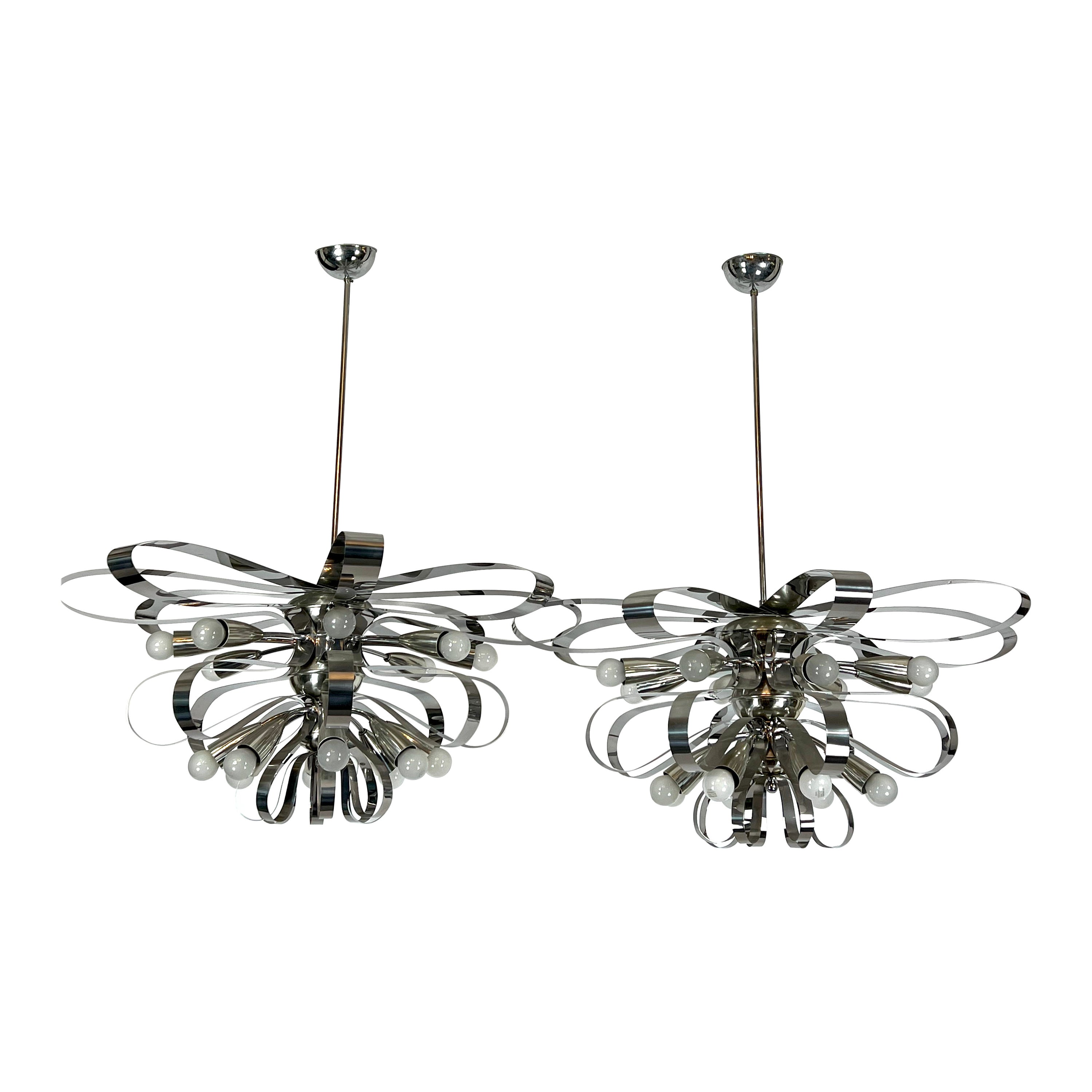 Mid-Century Pair of Large Italian Chrome Chandeliers from 70s For Sale