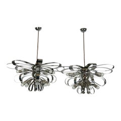 Vintage Mid-Century Pair of Large Italian Chrome Chandeliers from 70s