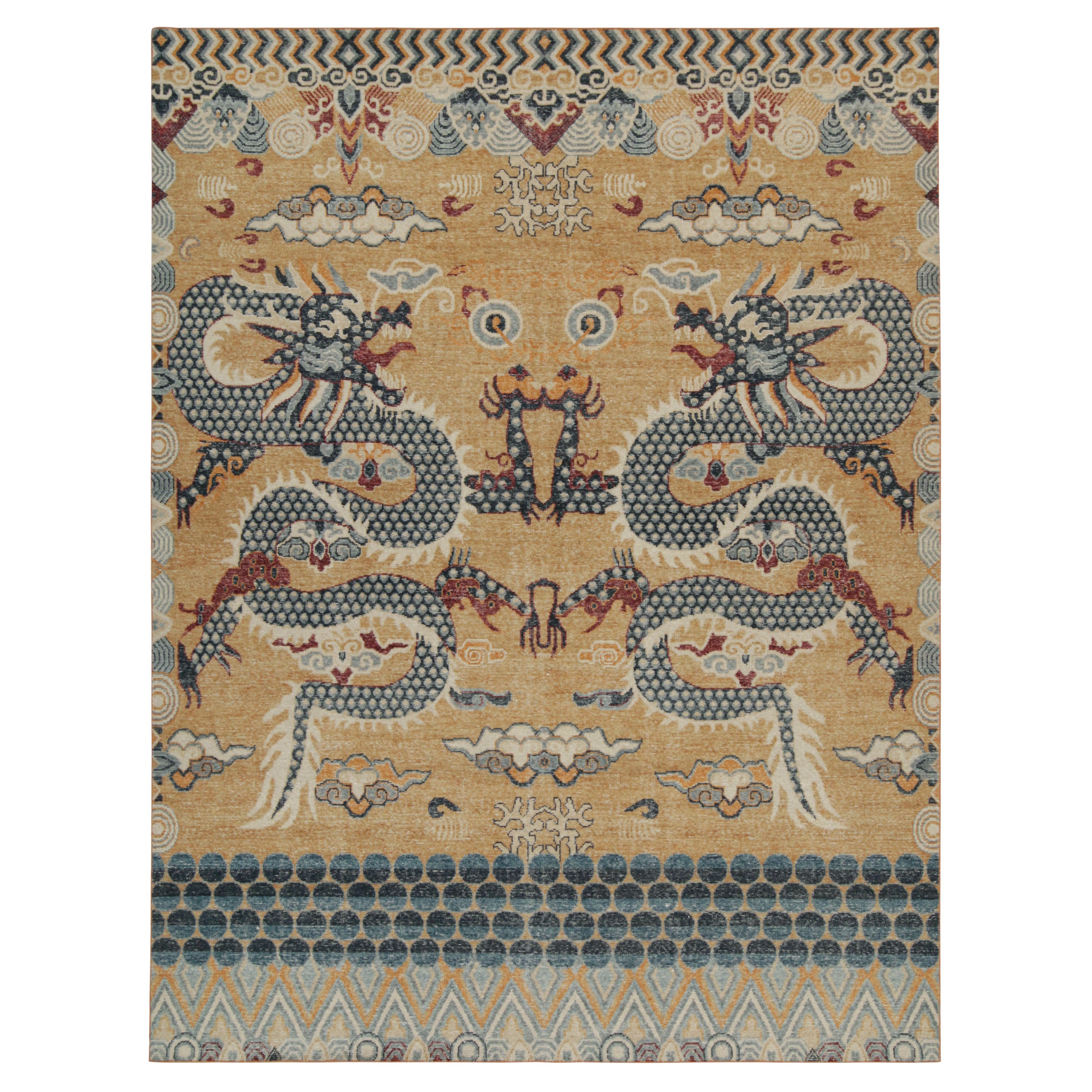 Rug & Kilim’s Distressed Style Rug in Gold, Blue, Red Dragon Pictorial For Sale