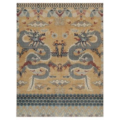 Rug & Kilim’s Distressed Style Rug in Gold, Blue, Red Dragon Pictorial