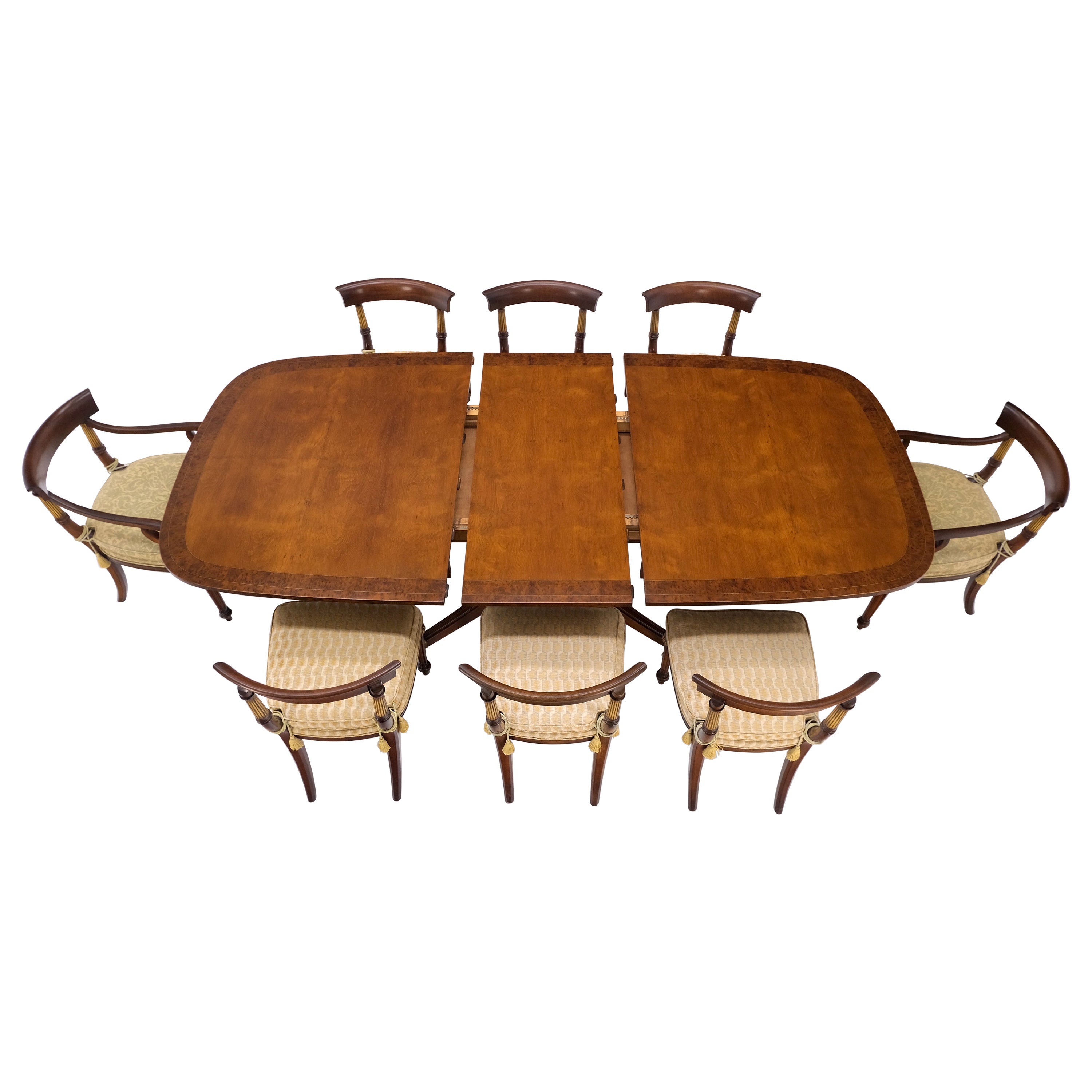 Single Pedestal One Leaf Oval Banded Dining Table 8 Regency Chairs Set MINT! For Sale