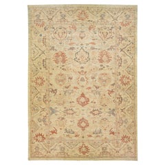 Alfombra de lana con diseño floral, hecha a mano, moderna, beige y azul de Sultanabad