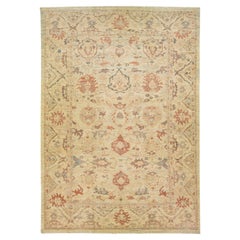 Beige & Blue Modern Sultanabad Handmade Floral Designed Wool Rug